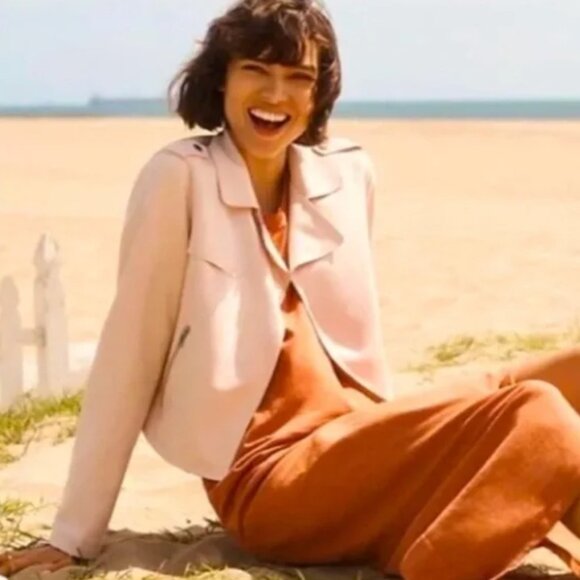 Anthropologie | Faux Leather Suede Crop Moto Jacket Pale Blush Pink | Size XS - Picture 2 of 13